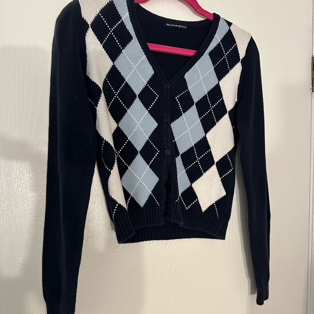 Brandy Melville Blue and White Argyle Sweater